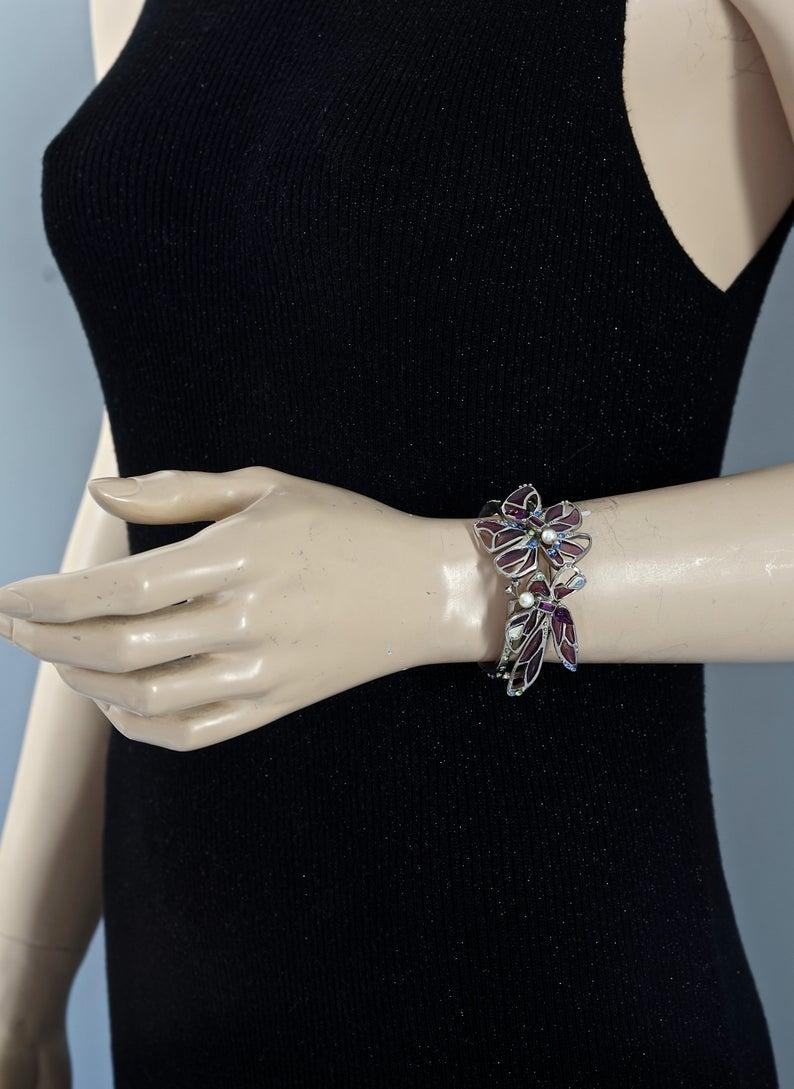 Vintage CHRISTIAN LACROIX Flower Stained Glass Silver Cuff Bracelet For Sale 2
