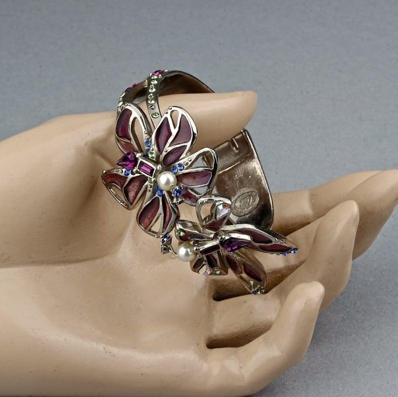Vintage CHRISTIAN LACROIX Flower Stained Glass Silver Cuff Bracelet For Sale 3