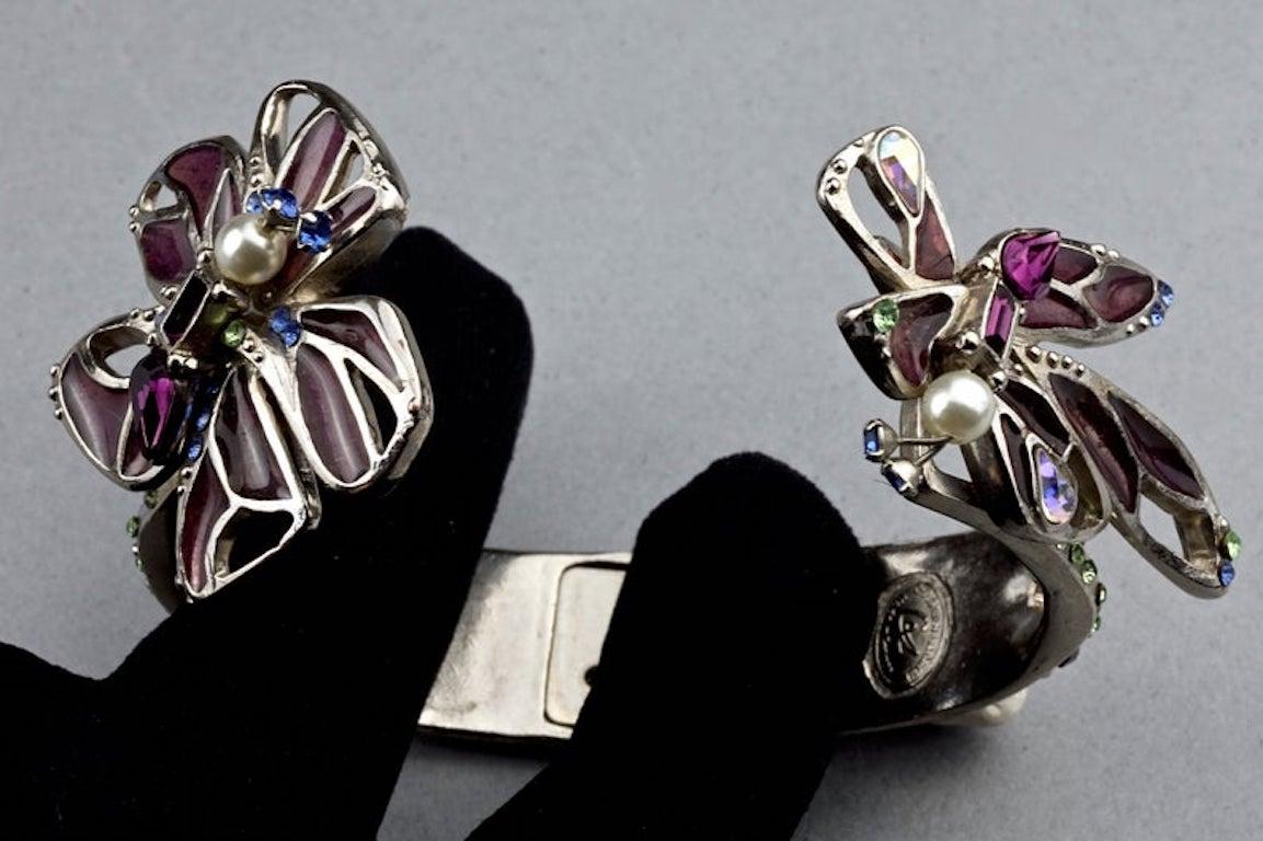 Vintage CHRISTIAN LACROIX Flower Stained Glass Silver Cuff Bracelet For Sale 4