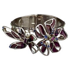 Vintage CHRISTIAN LACROIX Flower Stained Glass Silver Cuff Bracelet