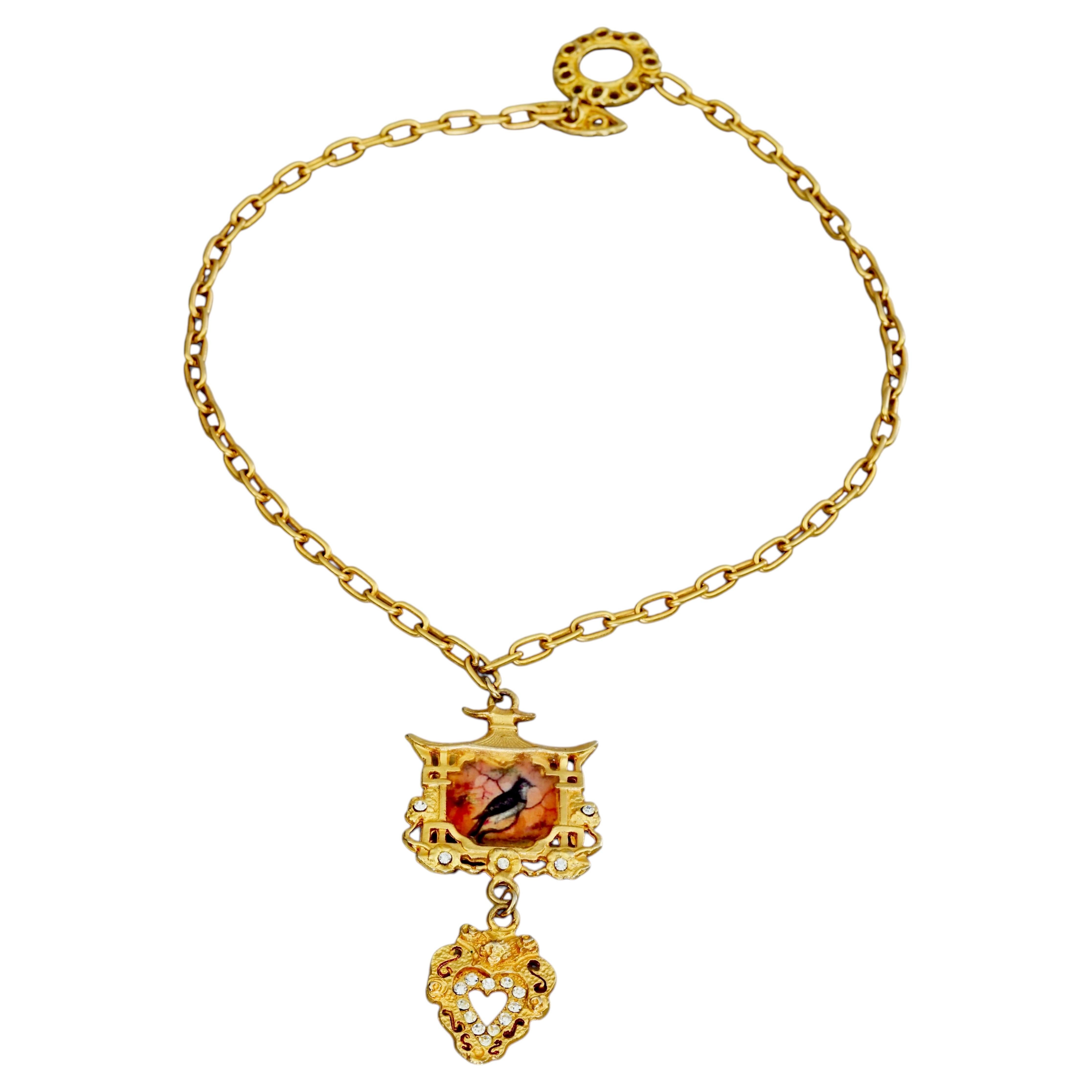 Vintage CHRISTIAN LACROIX Framed Bird Portrait Heart Pendant Necklace For Sale