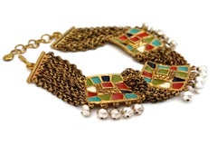 Vintage CHRISTIAN LACROIX Geometric Enamel Multi Chain Pearl Charms Bib Necklace
