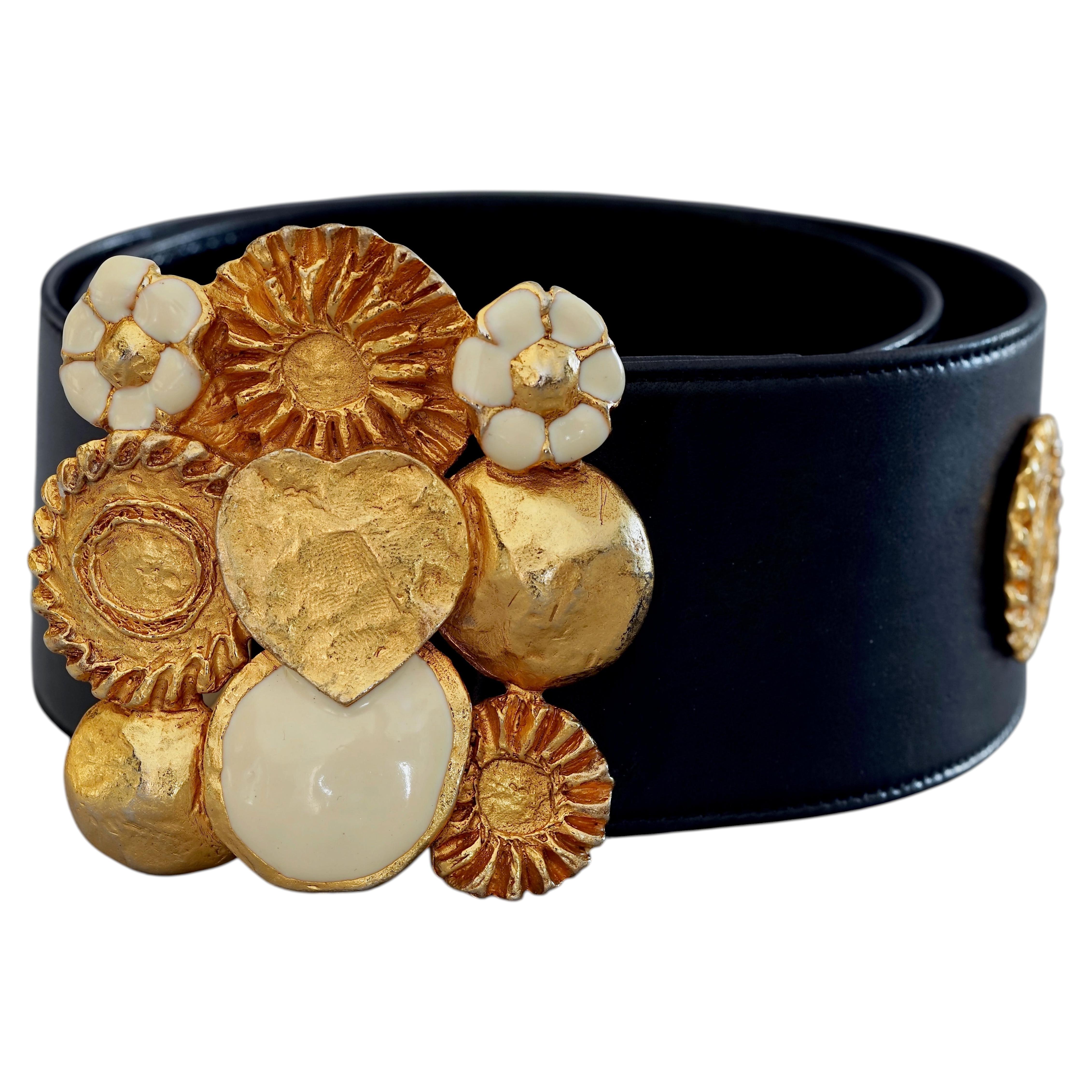 Vintage CHRISTIAN LACROIX Gilt and Enamel Baroque Charms Black Leather Belt
