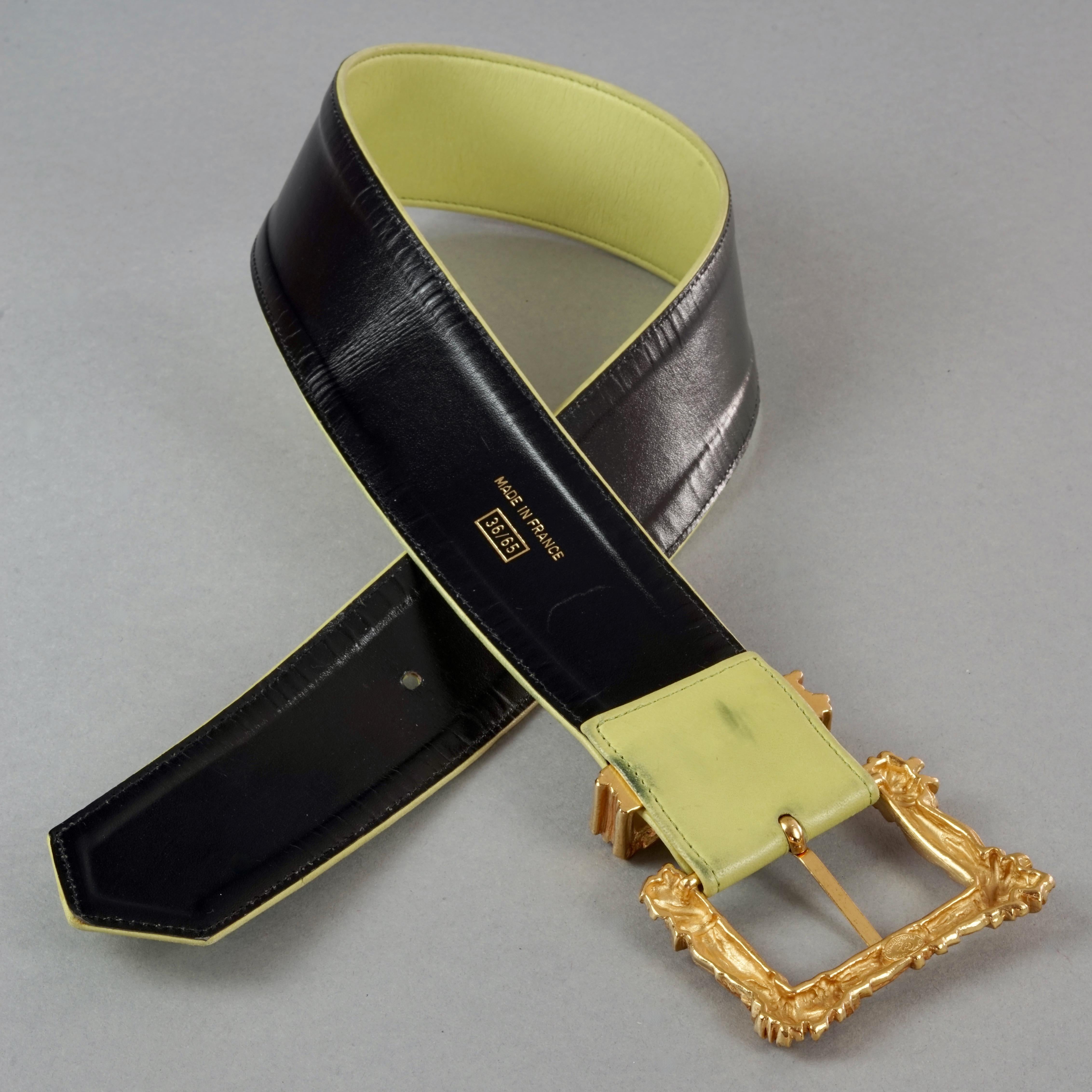 Vintage CHRISTIAN LACROIX Gilt Bundle Sticks Buckle Lime Green Leather Belt For Sale 3