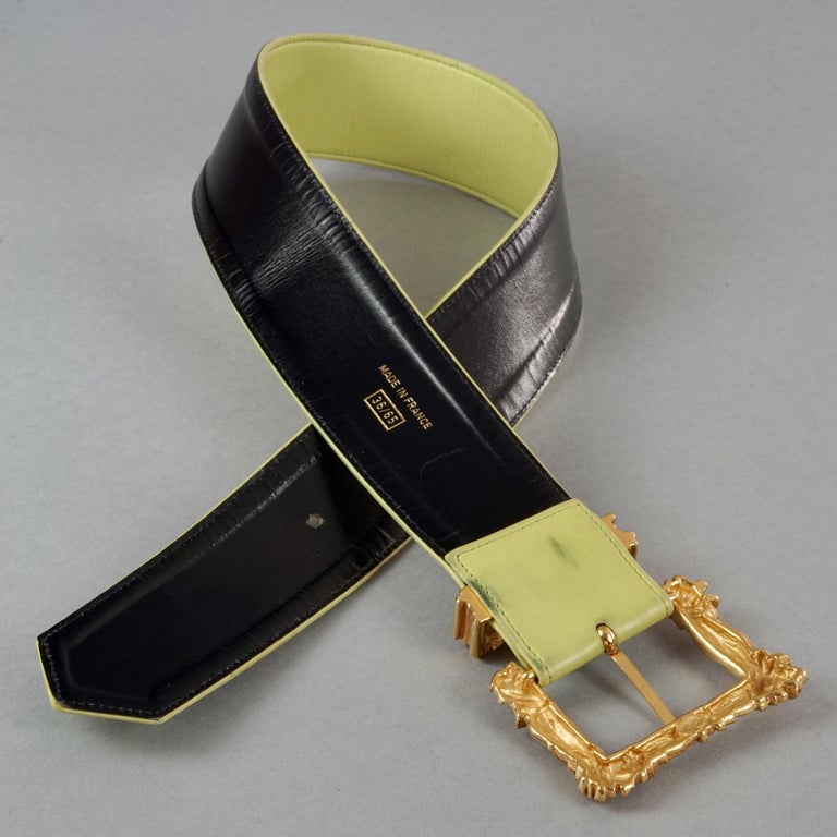Vintage CHRISTIAN LACROIX Gilt Bundle Sticks Buckle Lime Green Leather Belt For Sale at 1stDibs