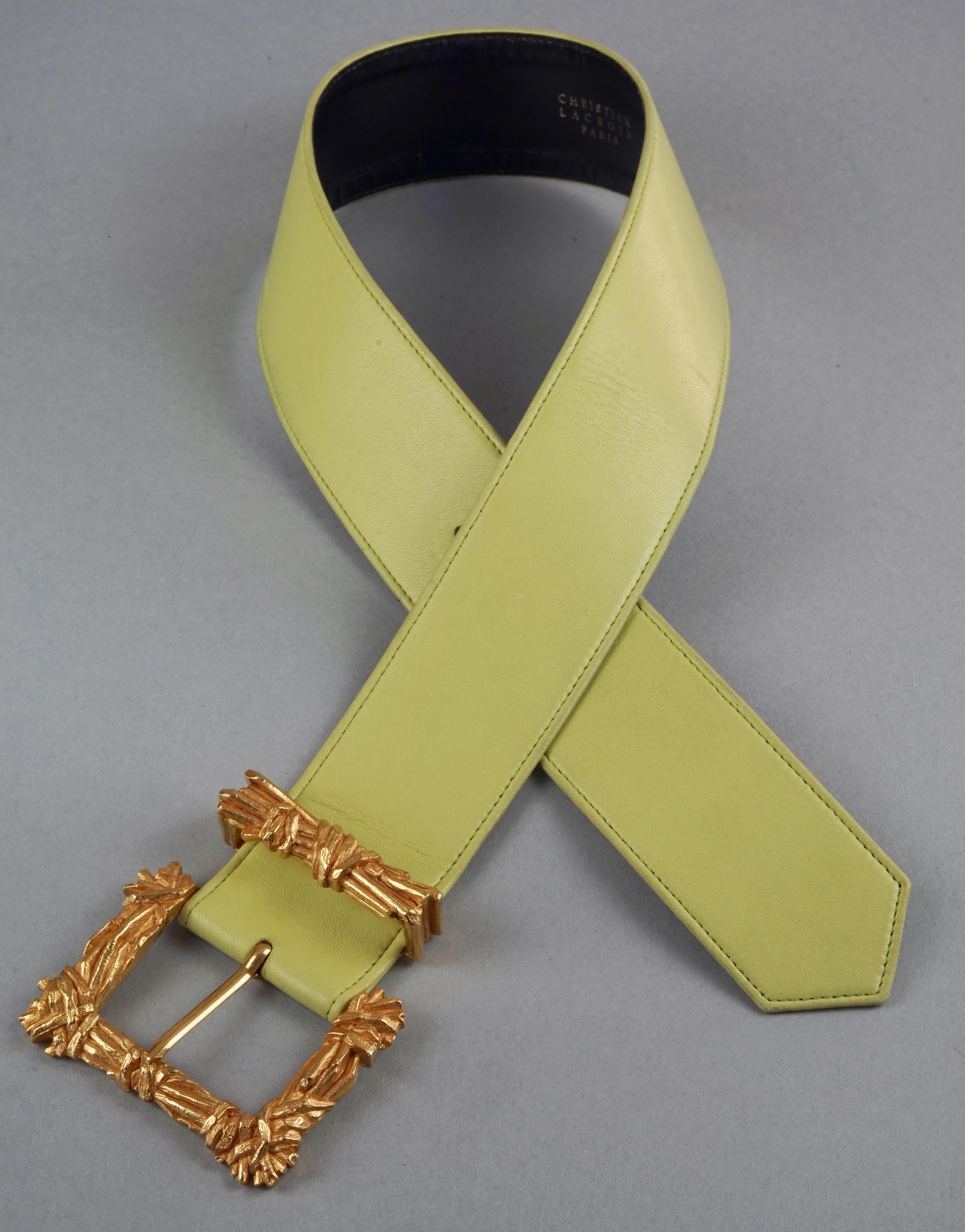 Vintage CHRISTIAN LACROIX Gilt Bundle Sticks Buckle Lime Green Leather Belt For Sale at 1stDibs