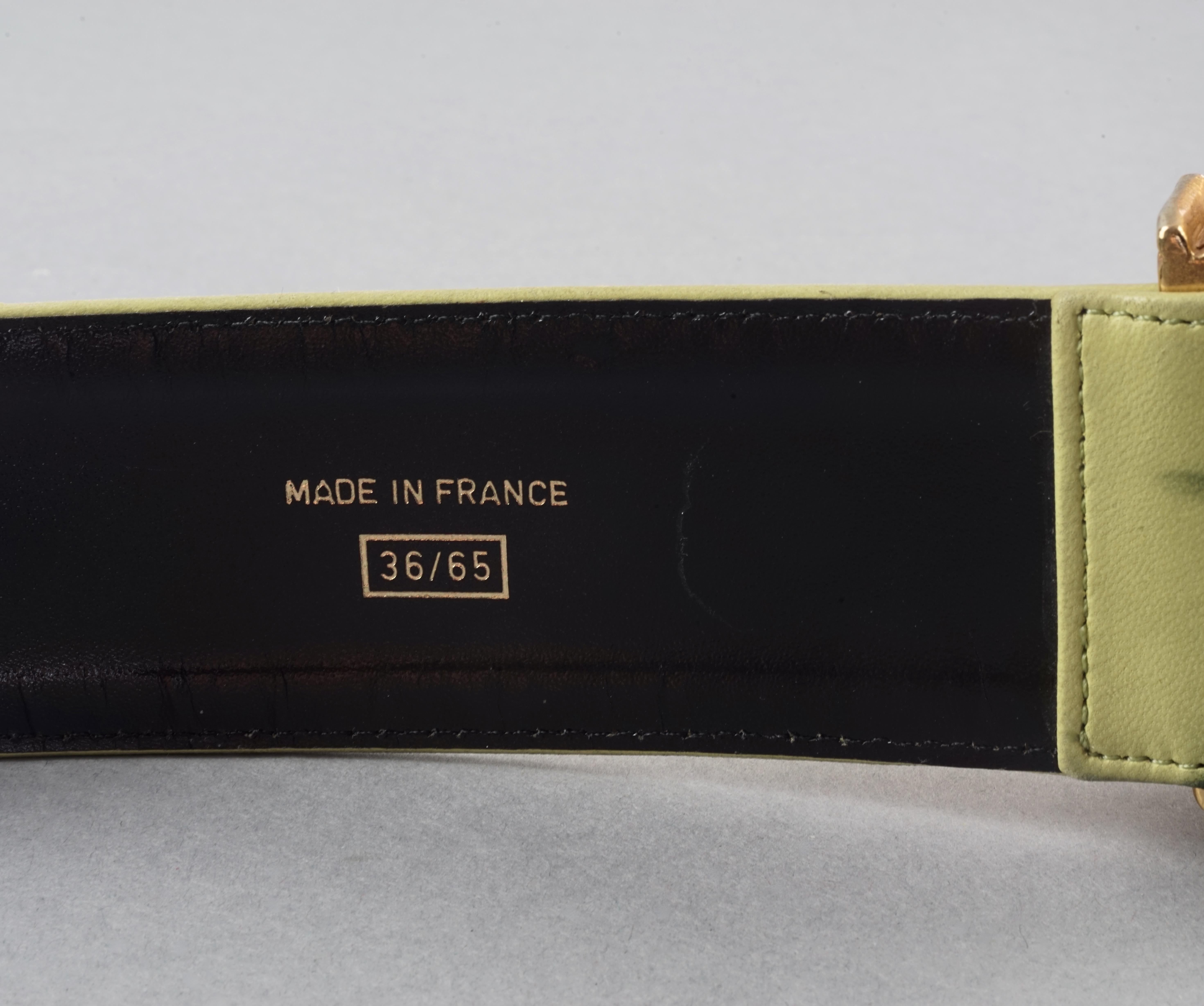 Vintage CHRISTIAN LACROIX Gilt Bundle Sticks Buckle Lime Green Leather Belt For Sale 2