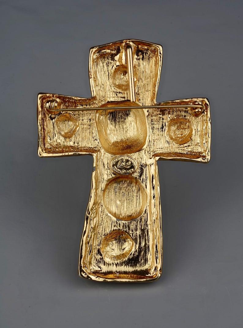 Vintage CHRISTIAN LACROIX Gilt Hammered Cross Pendant Brooch 2