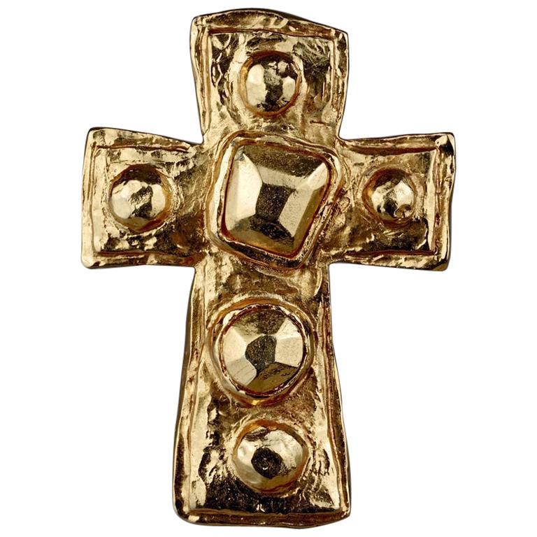 Vintage CHRISTIAN LACROIX Gilt Hammered Cross Pendant Brooch