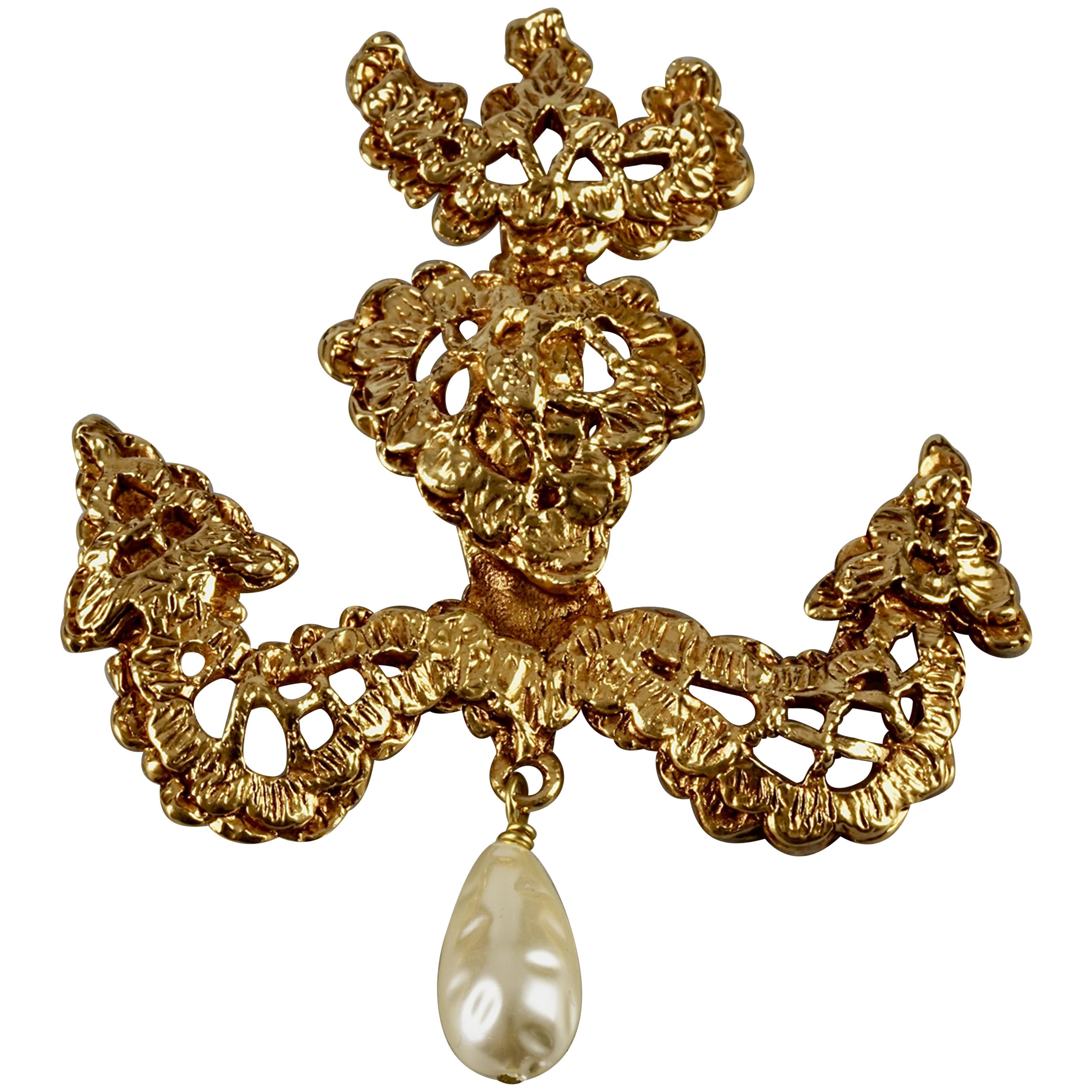 Vintage CHRISTIAN LACROIX Gilt Lace Anchor Dangling Pearl Brooch