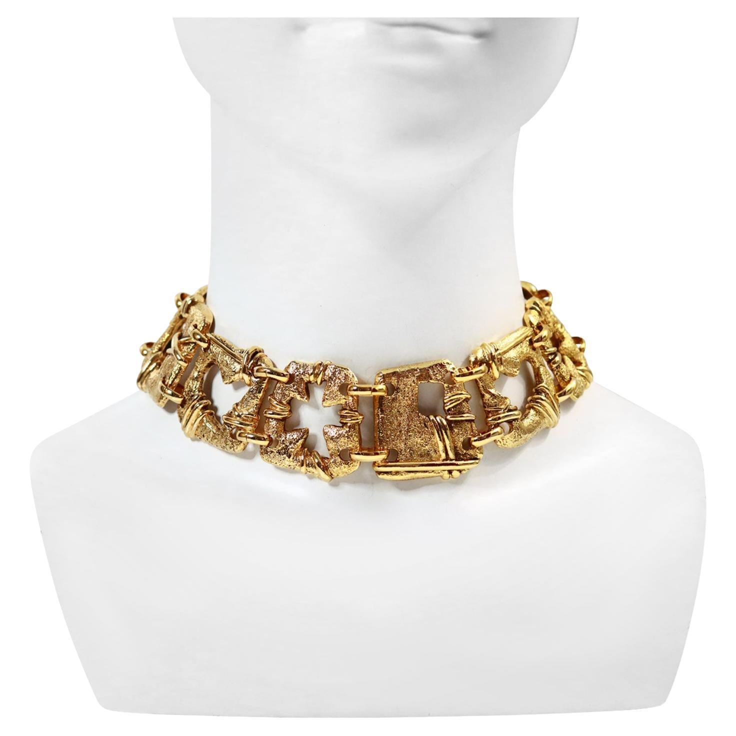 Vintage Christian Lacroix Gold Choker with Various Square Designs Circa 1990s. Iconic Lacroix with the Croxx and Heart. There are three extra rows of chain so it goes to 15