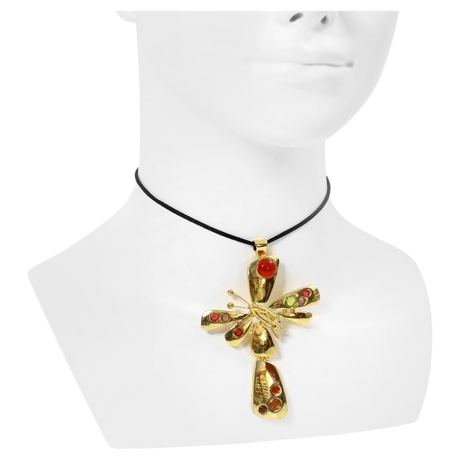 Vintage Christian Lacroix Gold Cross with Cabochon Necklace Circa 1990s