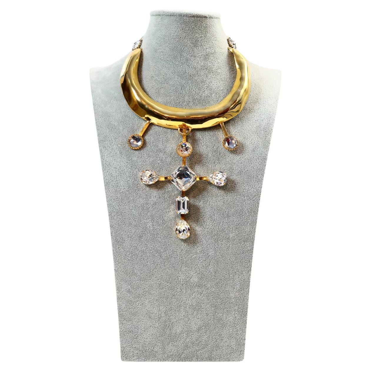 Vintage Christian Lacroix Gold Diamante Long Choker Circa 1990s. This stunning and well made choker with various shapes of crystals is so chic and actually detaches from the gold rigid choker so you could wear it on a black silk cord or another gold
