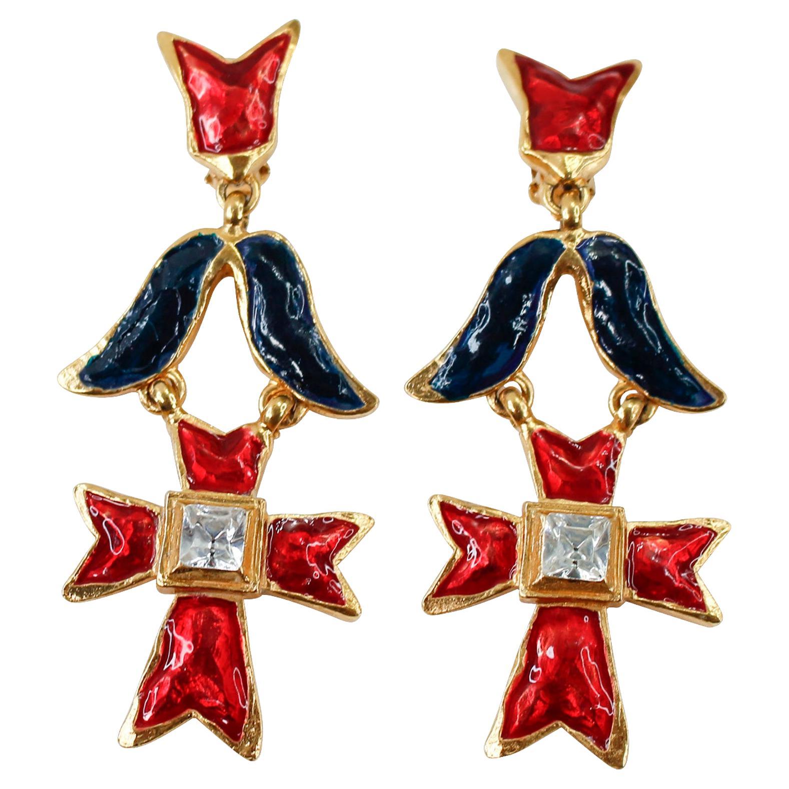 Vintage Christian Lacroix Goldrote, blaue Kristall-Ohrringe Circa 1990er Jahre im Angebot