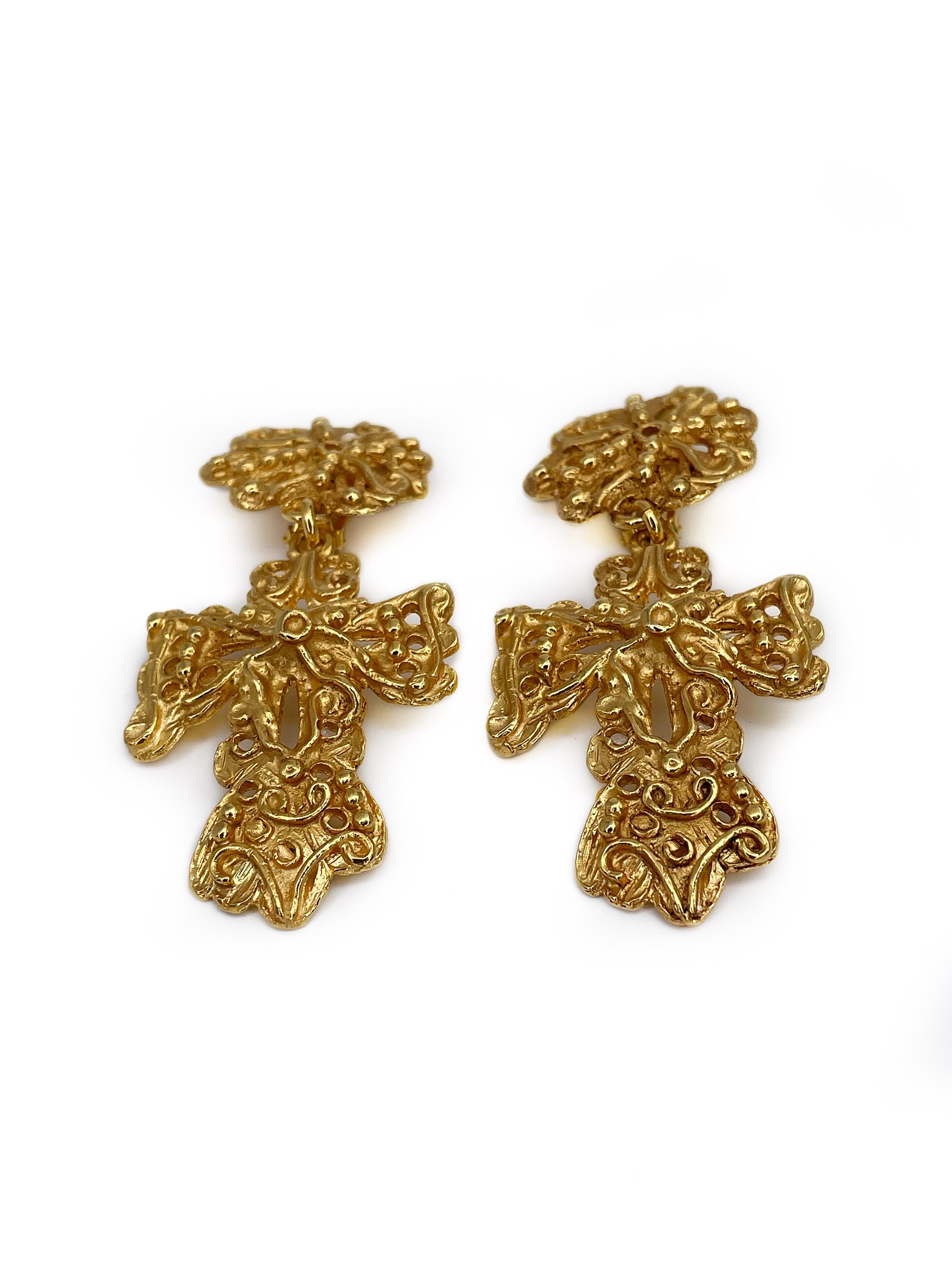 Contemporary Vintage Christian Lacroix Gold Tone Cross Drop Clip on Earrings