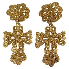 Vintage Christian Lacroix Gold Tone Cross Drop Clip on Earrings