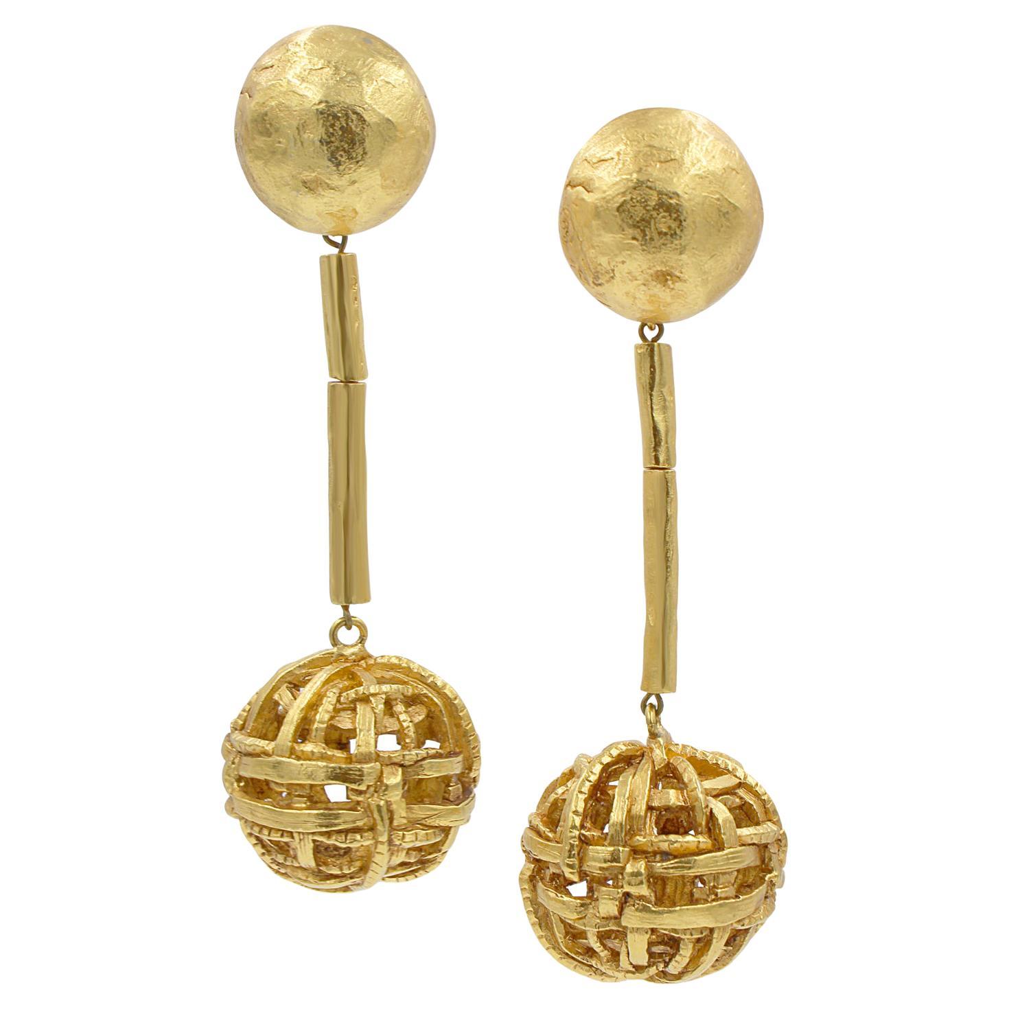 Vintage Christian Lacroix Gold Tone Dangling Ball Earrings, Circa 1990s