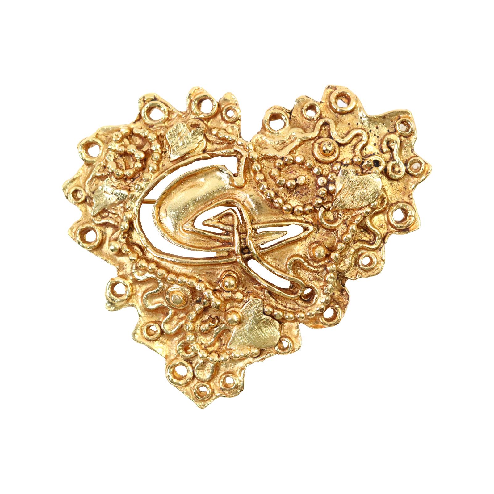 Vintage Christian Lacroix Gold Tone Heart Brooch Circa 1990s For Sale 1