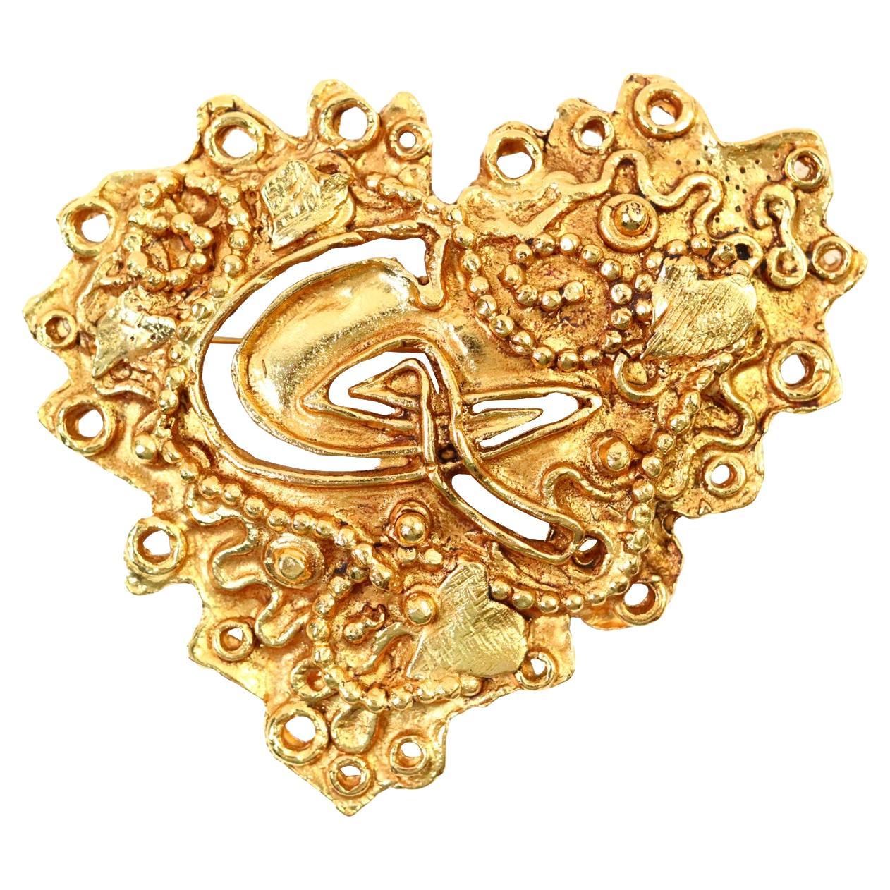 Vintage Christian Lacroix Gold Tone Heart Brooch Circa 1990s
