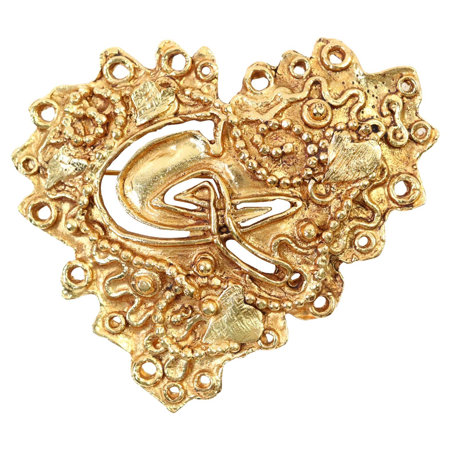 Vintage Christian Lacroix Gold Tone Heart Brooch Circa 1990