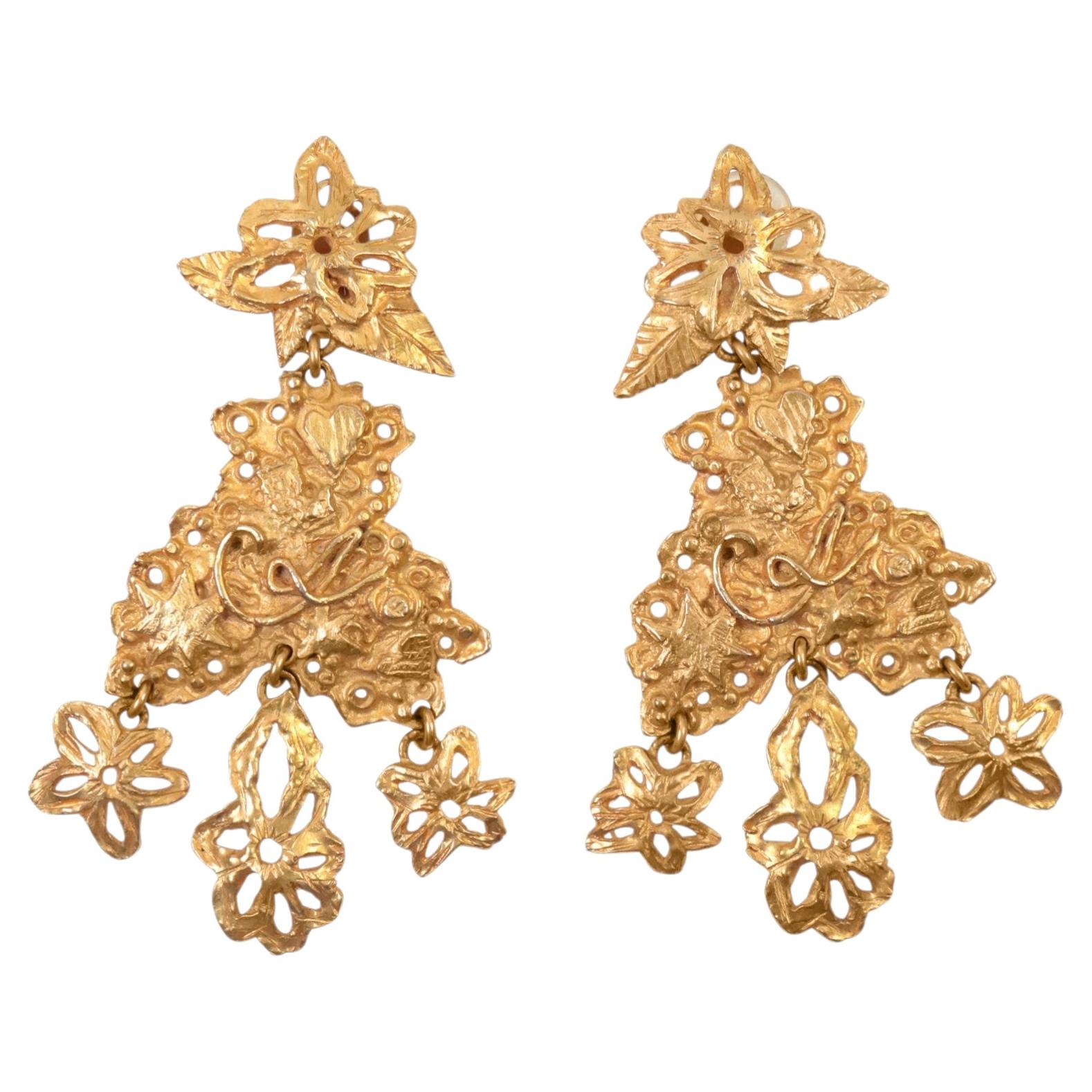 Vintage Christian Lacroix Gold Tone Iconic Clip-On Dangle Earrings, 1990s For Sale