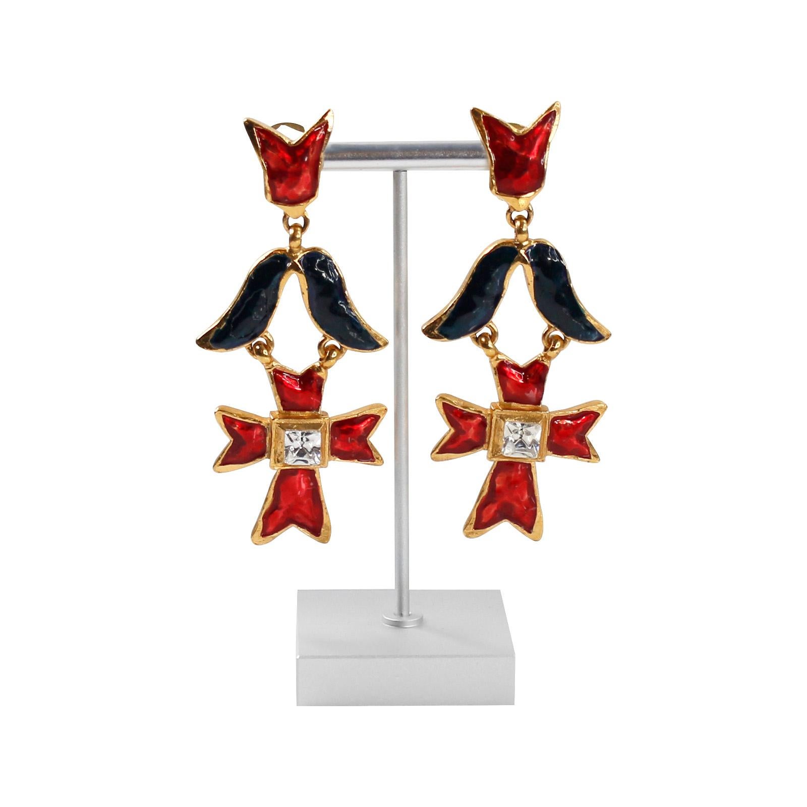 Artist Vintage Christian Lacroix Gold Red, Blue Crystal Earrings Circa 1990s For Sale