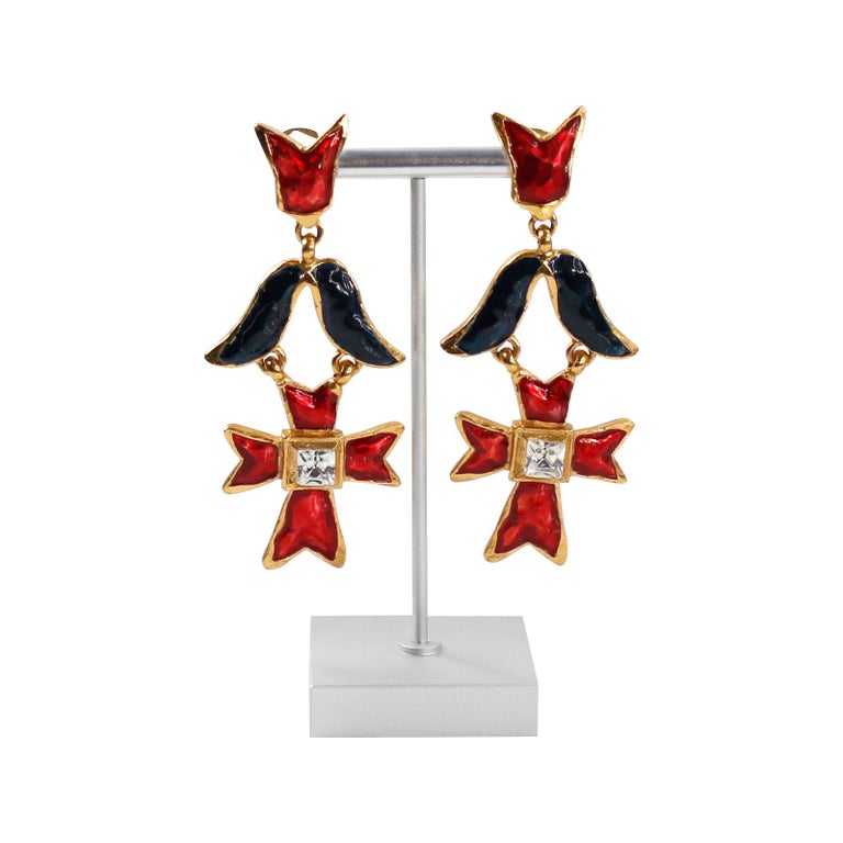 Artist Vintage Christian Lacroix Gold Tone with Red, Blue and Crystal Earrings For Sale