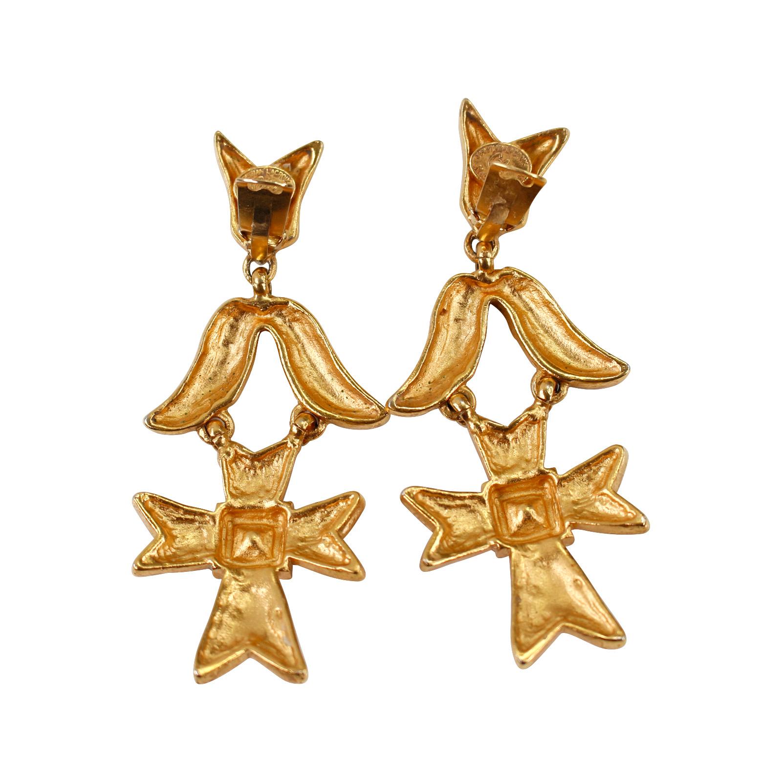 Pendientes vintage Christian Lacroix Oro Rojo, Azul Cristal Circa años 90 en venta 1