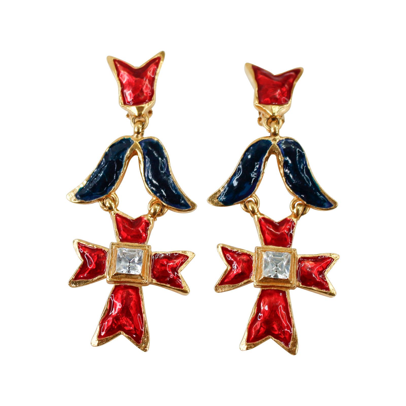 Vintage Christian Lacroix Gold Red, Blue Crystal Earrings Circa 1990s For Sale 2