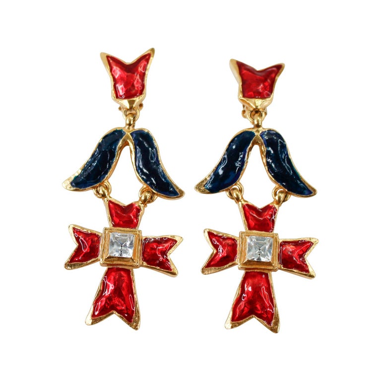 Vintage Christian Lacroix Gold Tone with Red, Blue and Crystal Earrings For Sale 2