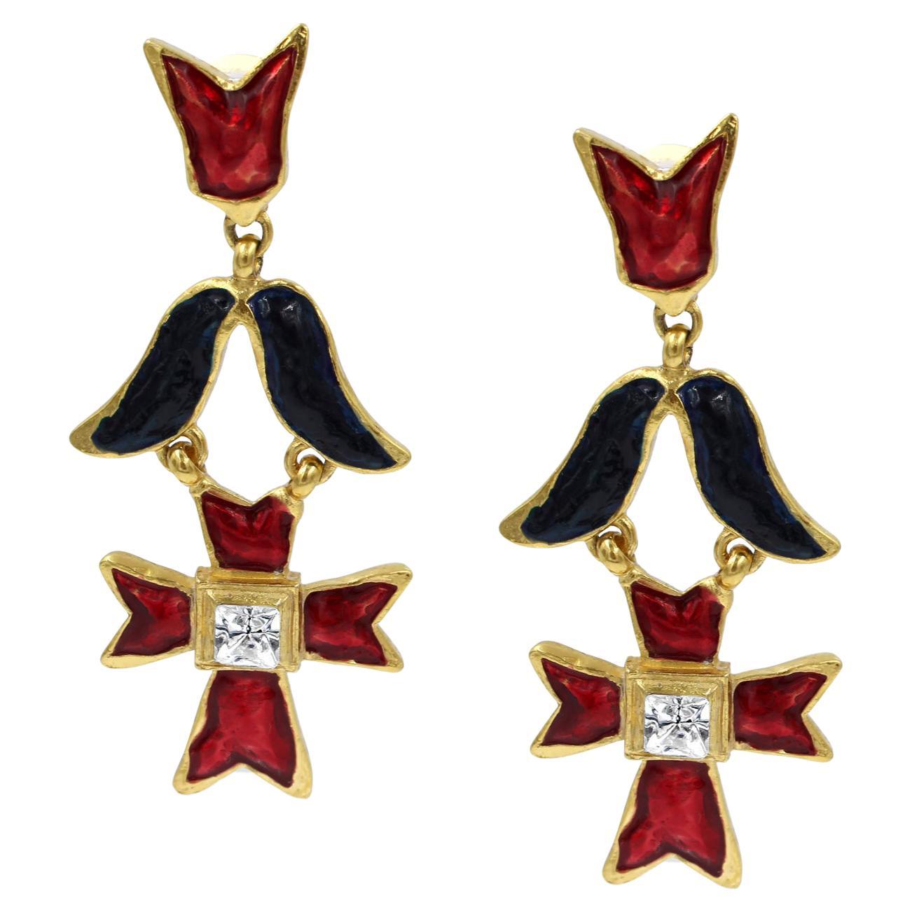 Vintage Christian Lacroix Gold Red, Blue Crystal Earrings Circa 1990s