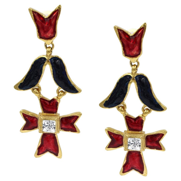 Vintage Christian Lacroix Gold Tone with Red, Blue and Crystal Earrings For Sale