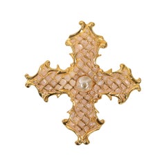 Vintage Christian Lacroix Gold Brooch with Pink and Faux Pearls, 1990s