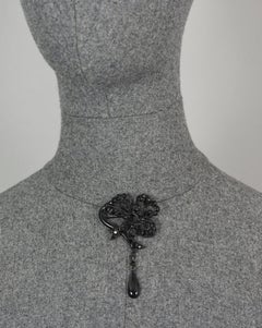 Vintage CHRISTIAN LACROIX Gothic Jewelled Heart Black Enamel Brooch