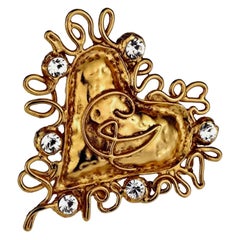 Vintage CHRISTIAN LACROIX Hammered Logo Wired Heart Rhinestone Brooch