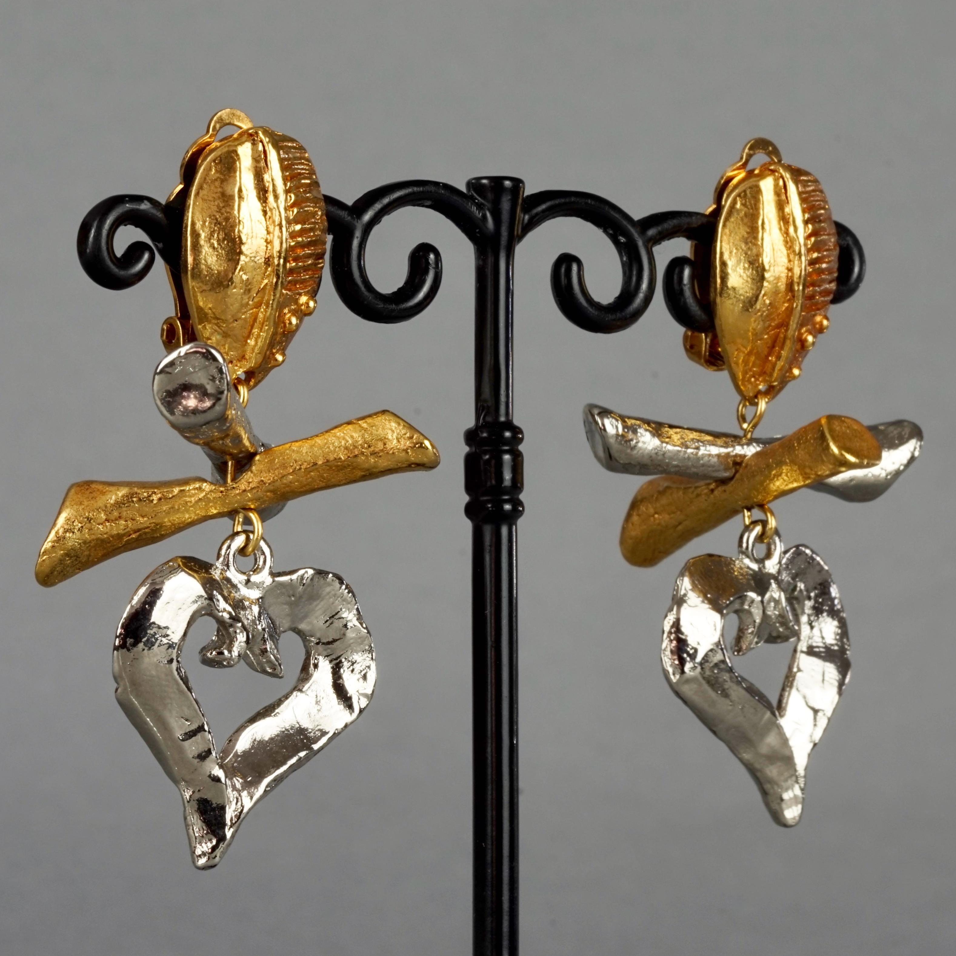 Vintage CHRISTIAN LACROIX Heart Charm Two Tone Dangling Earrings 4
