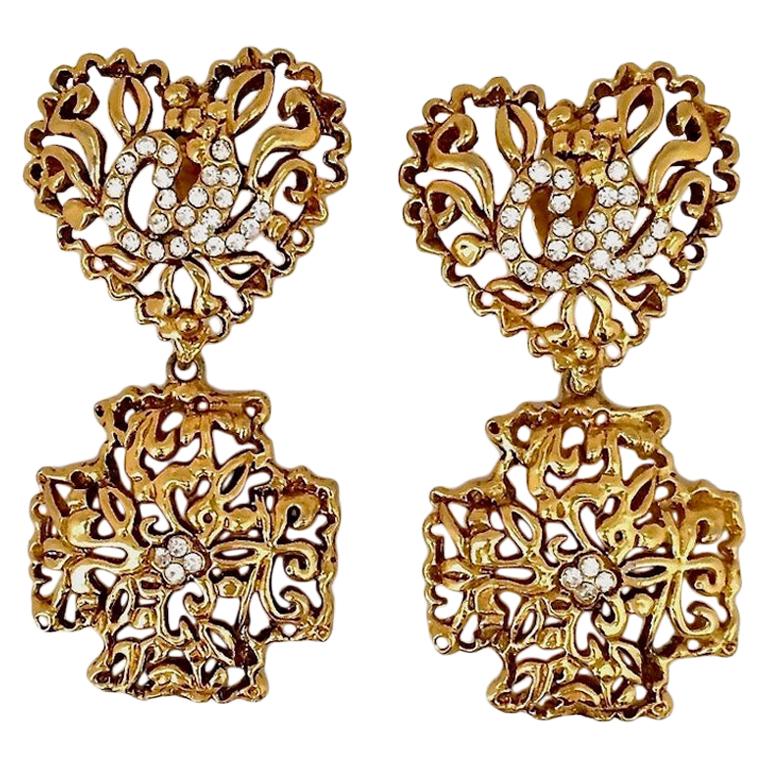 Vintage CHRISTIAN LACROIX Heart Cross Openwork Logo Rhinestone Earrings