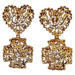 Vintage CHRISTIAN LACROIX Heart Cross Openwork Logo Rhinestone Earrings