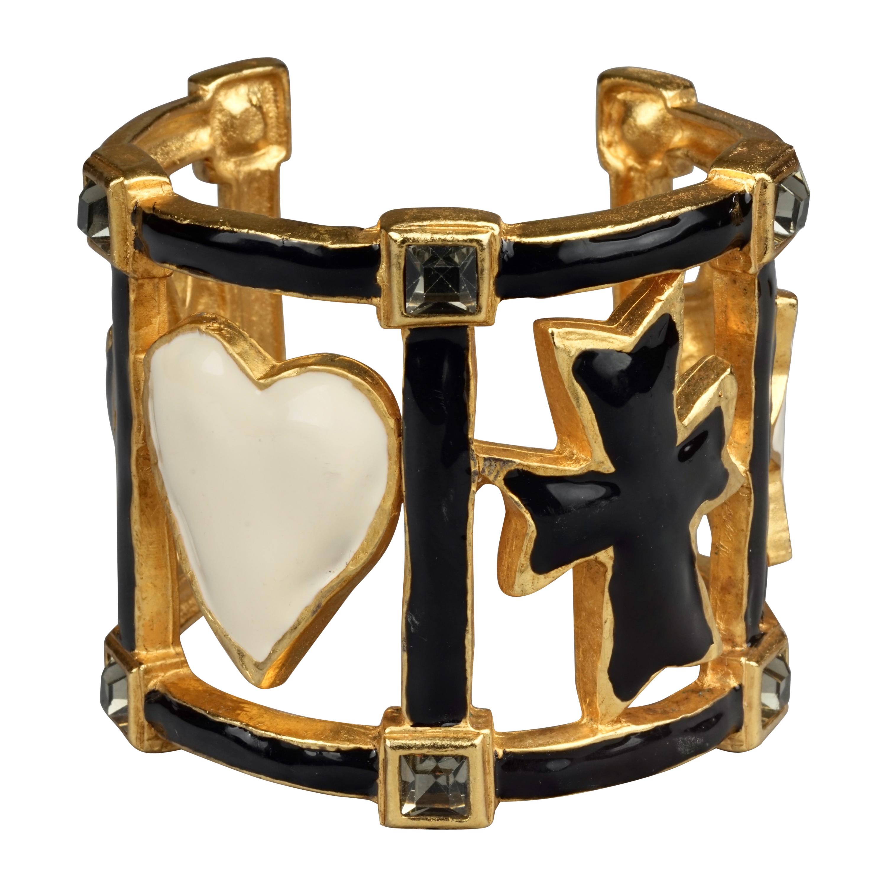 Vintage CHRISTIAN LACROIX Iconic Emblem Enamel Rhinestone Cuff Bracelet