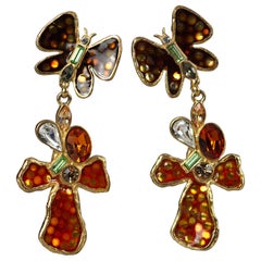 Vintage CHRISTIAN LACROIX Iridescent Butterfly Cross Rhinestone Enamel Earrings