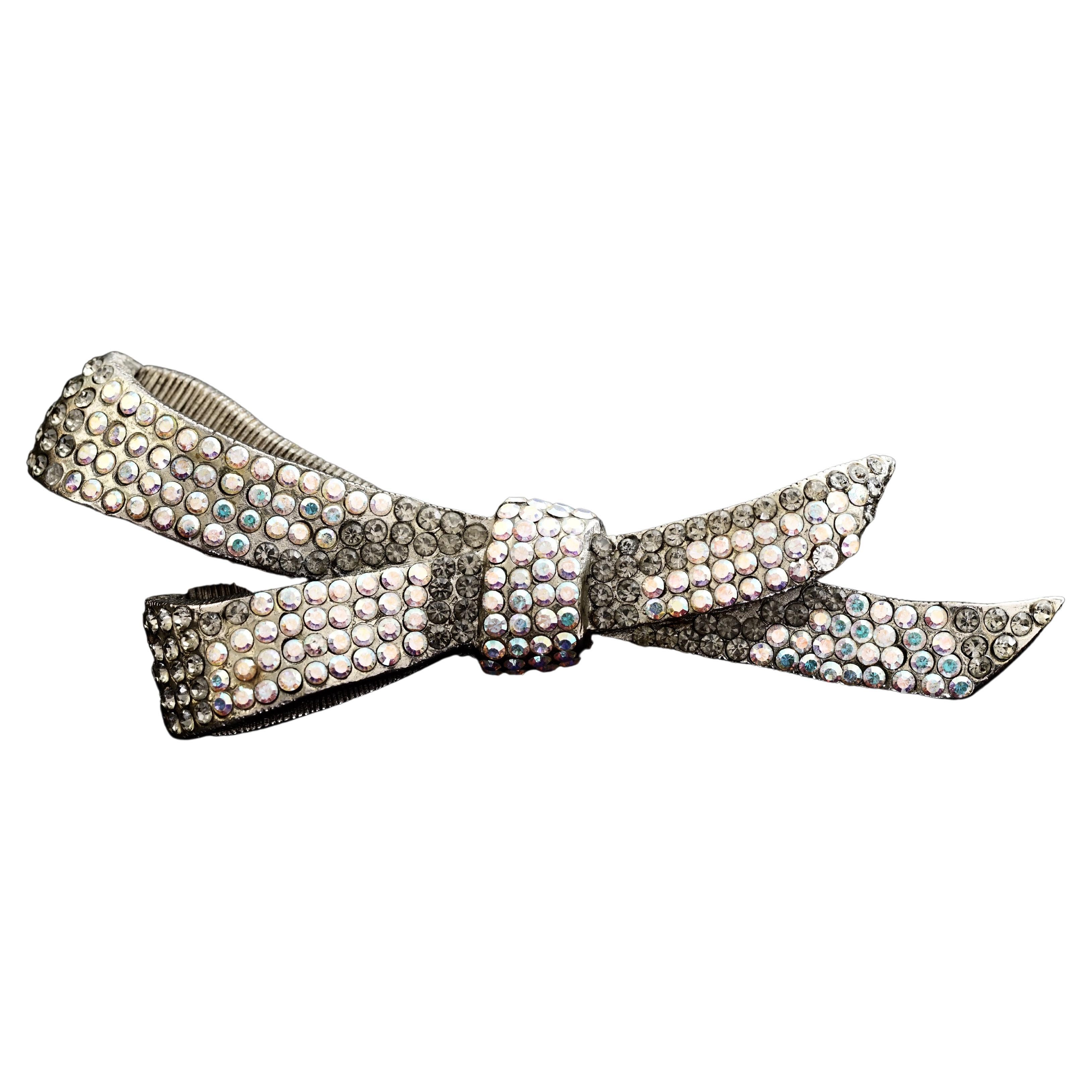 Vintage CHRISTIAN LACROIX Iridescent Jewelled Bow Patinated Brooch For Sale