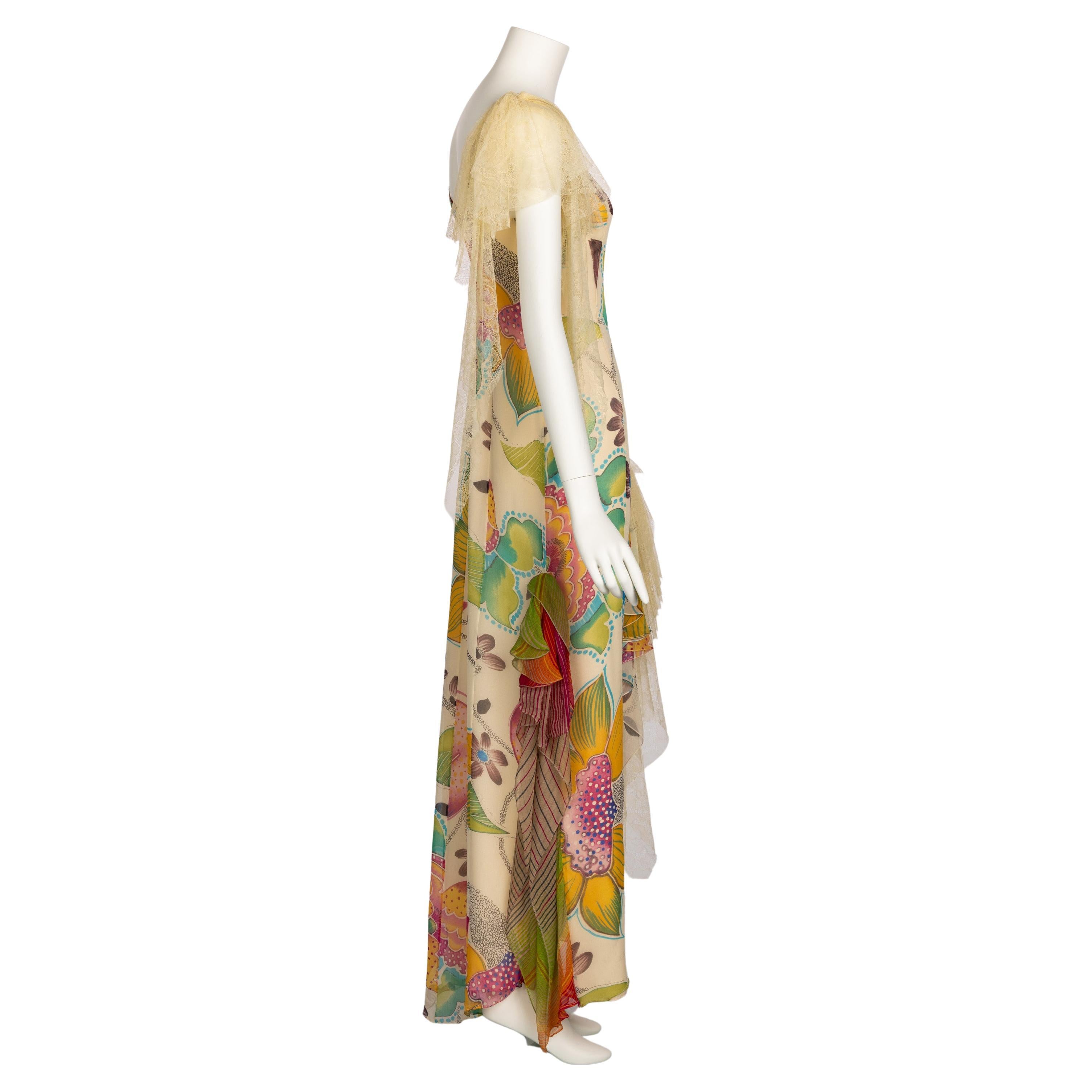 Beige Vintage Christian Lacroix Ivory Silk Vivid Floral Lace Sleeveless Gown 