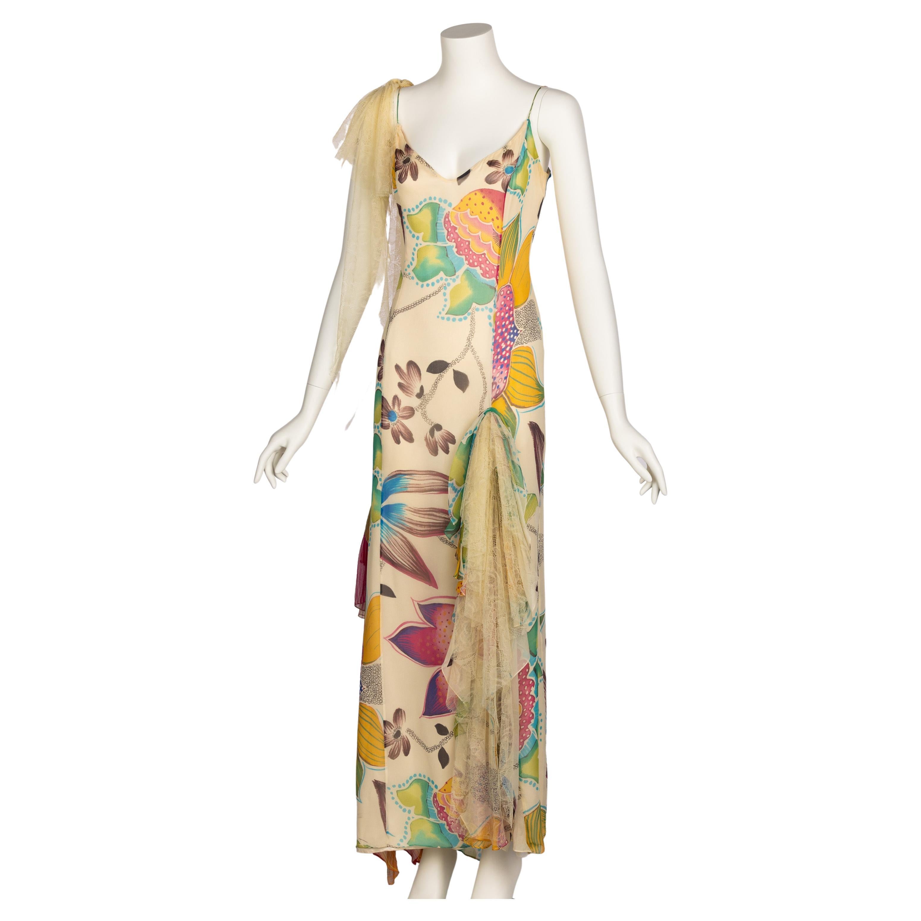 Vintage Christian Lacroix Ivory Silk Vivid Floral Lace Sleeveless Gown In Good Condition In Boca Raton, FL