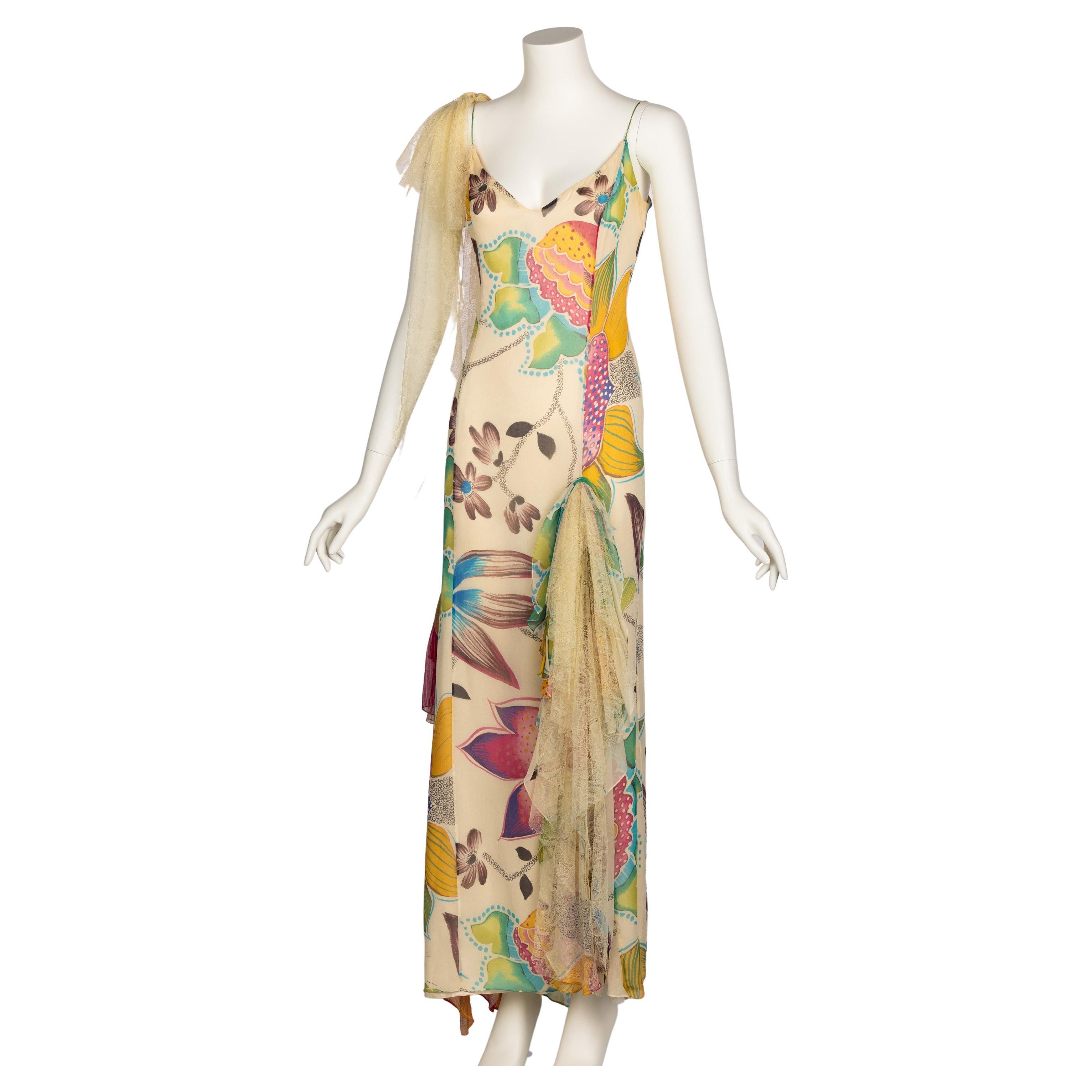 Women's Vintage Christian Lacroix Ivory Silk Vivid Floral Lace Sleeveless Gown 