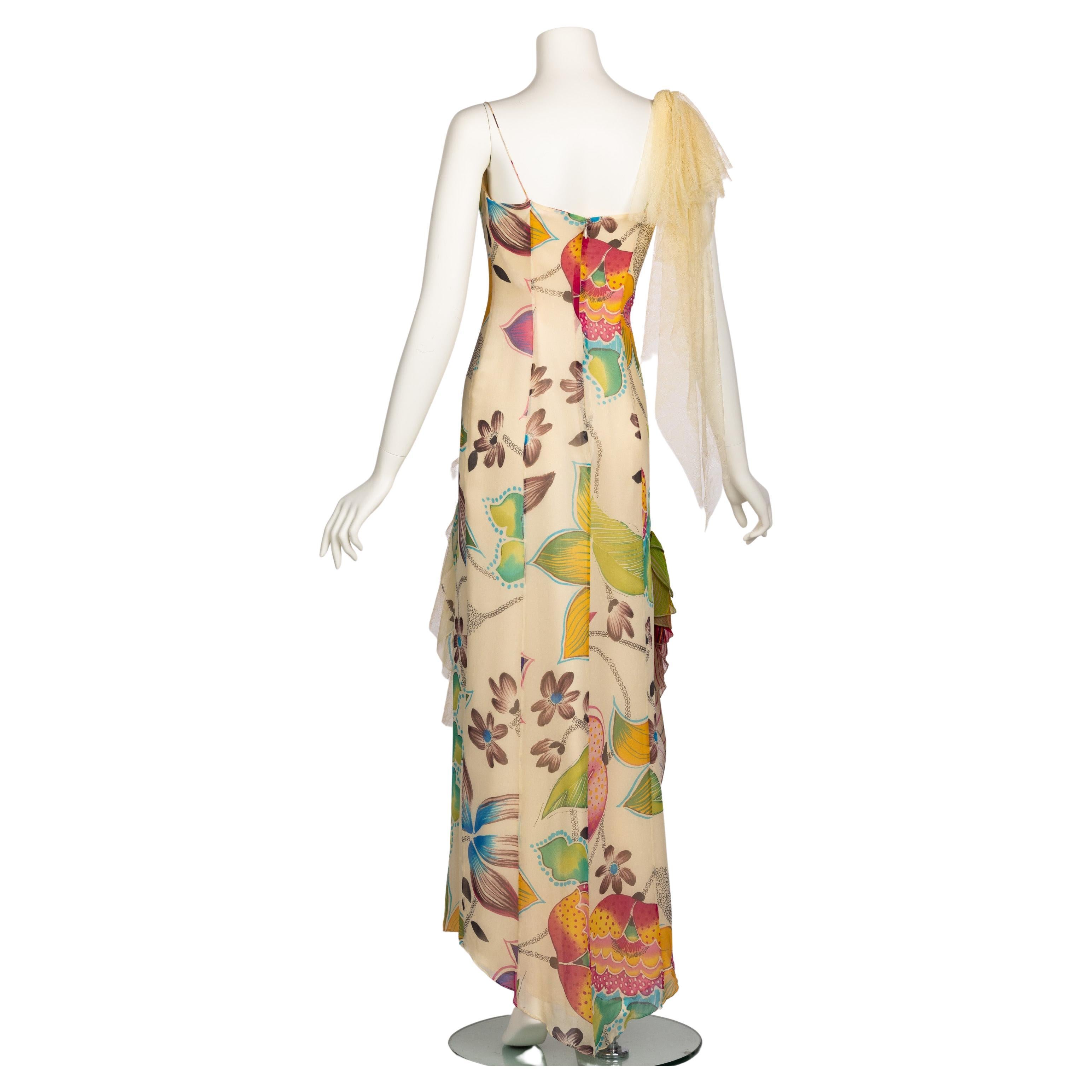 Vintage Christian Lacroix Ivory Silk Vivid Floral Lace Sleeveless Gown 1