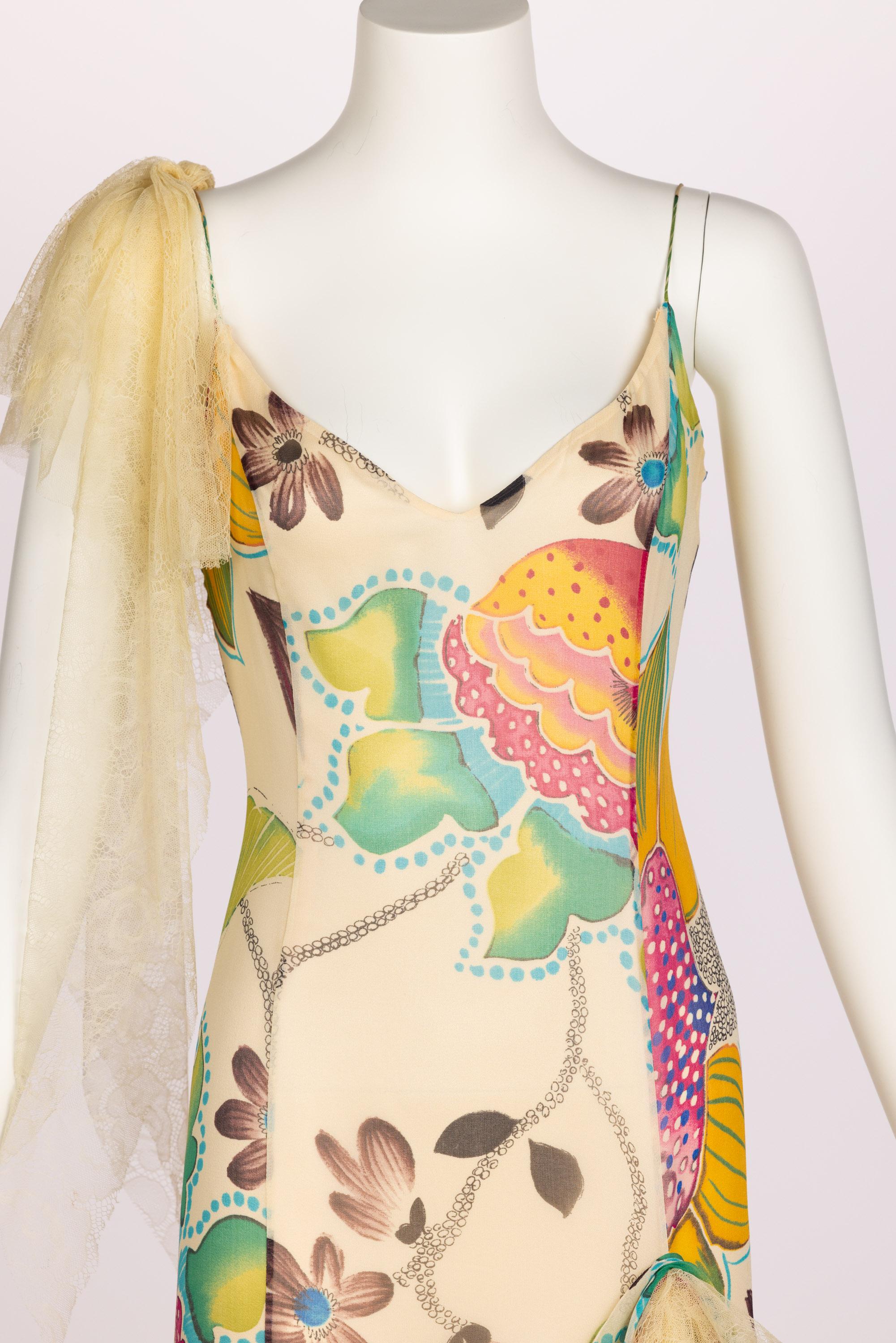 Vintage Christian Lacroix Ivory Silk Vivid Floral Lace Sleeveless Gown 2