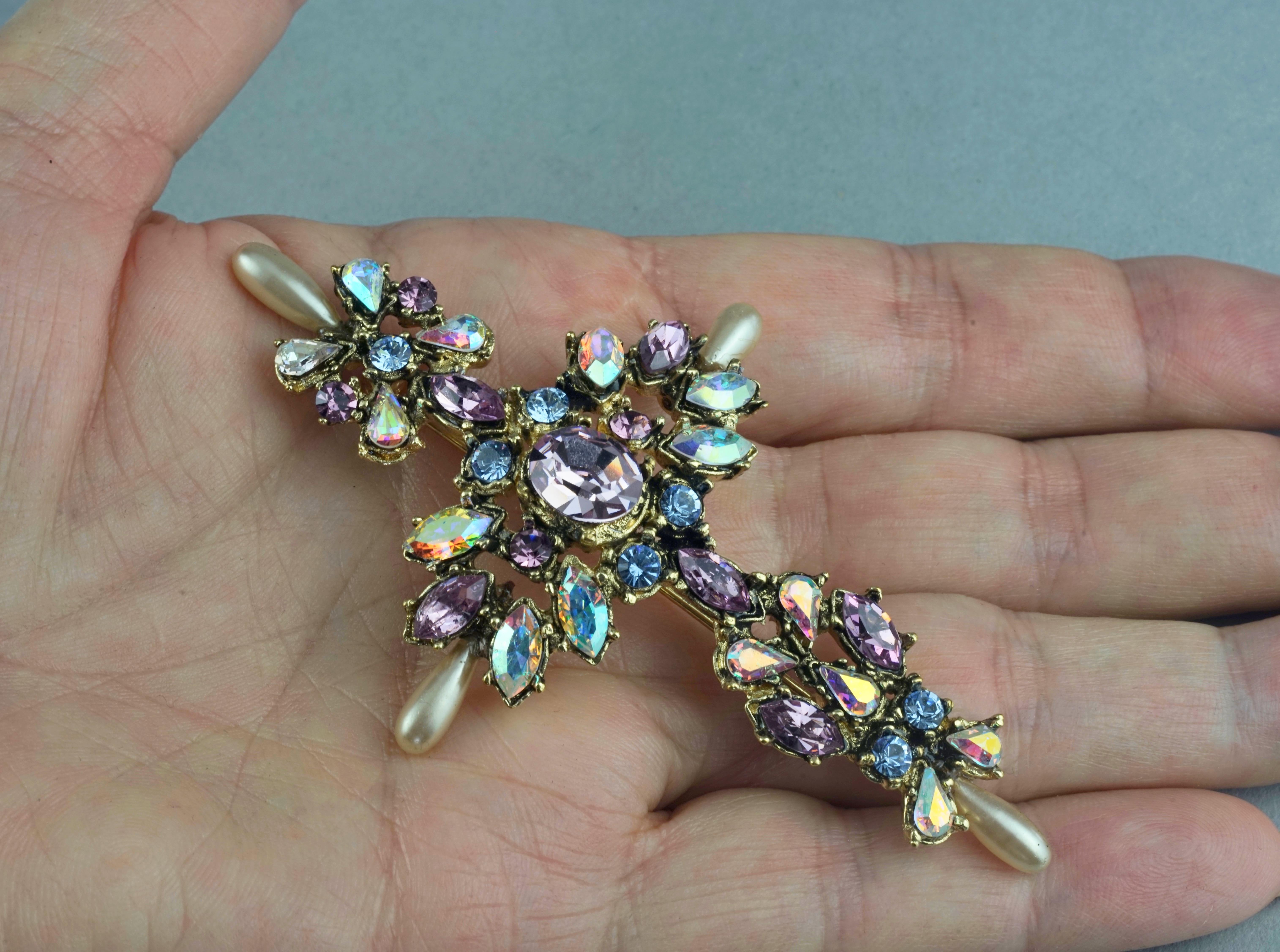 Vintage CHRISTIAN LACROIX Jeweled Cross Brooch 1