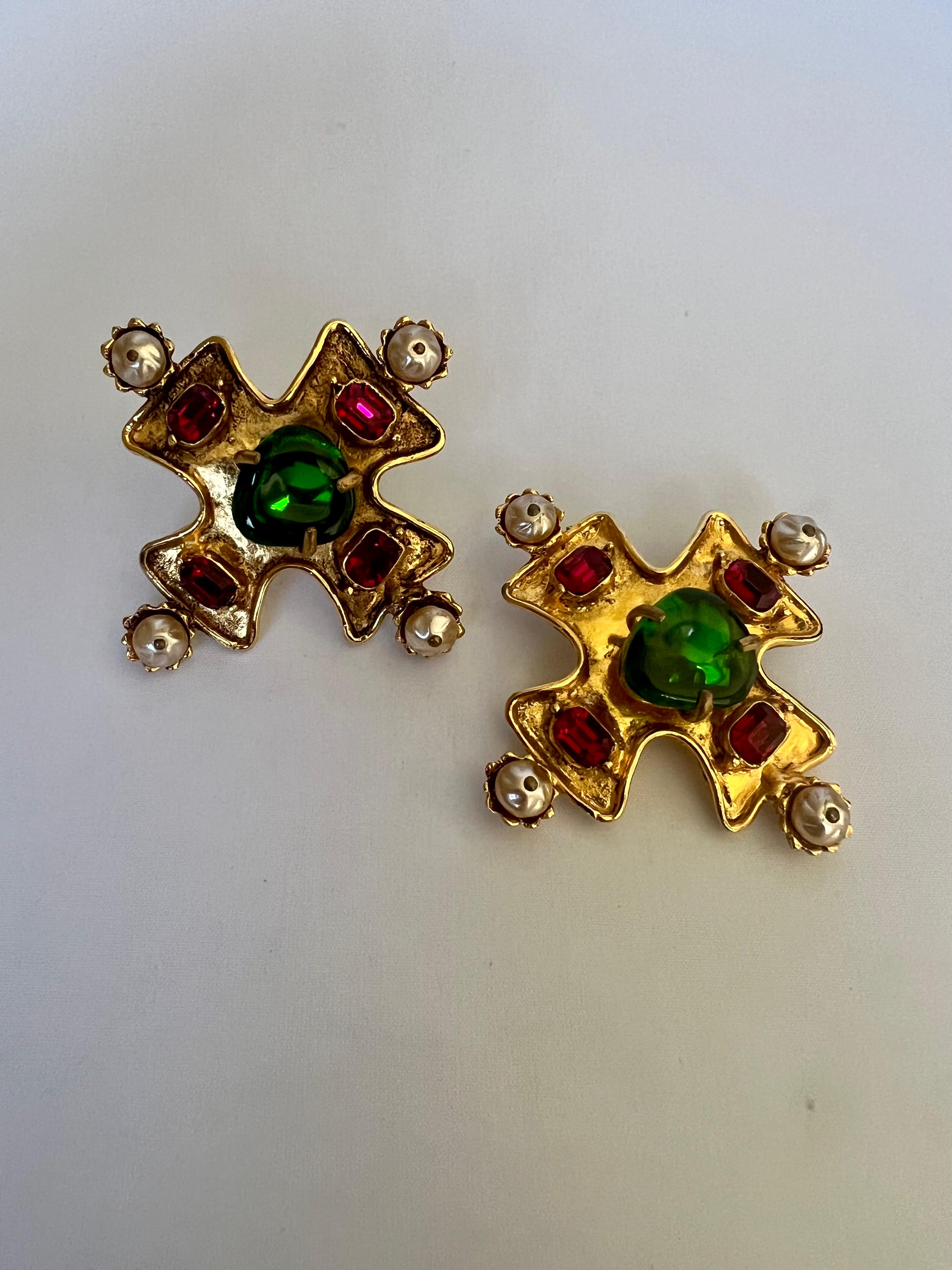 Women's Vintage Christian Lacroix Jeweled Faux Pearl Maltese Cross Earrings