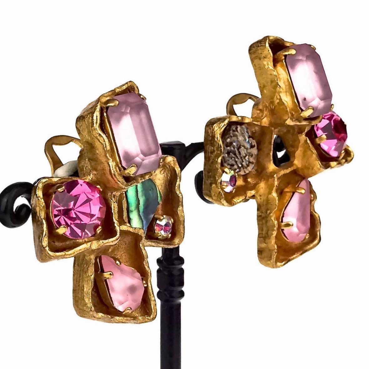 Vintage CHRISTIAN LACROIX Jewelled Cross Earrings 2