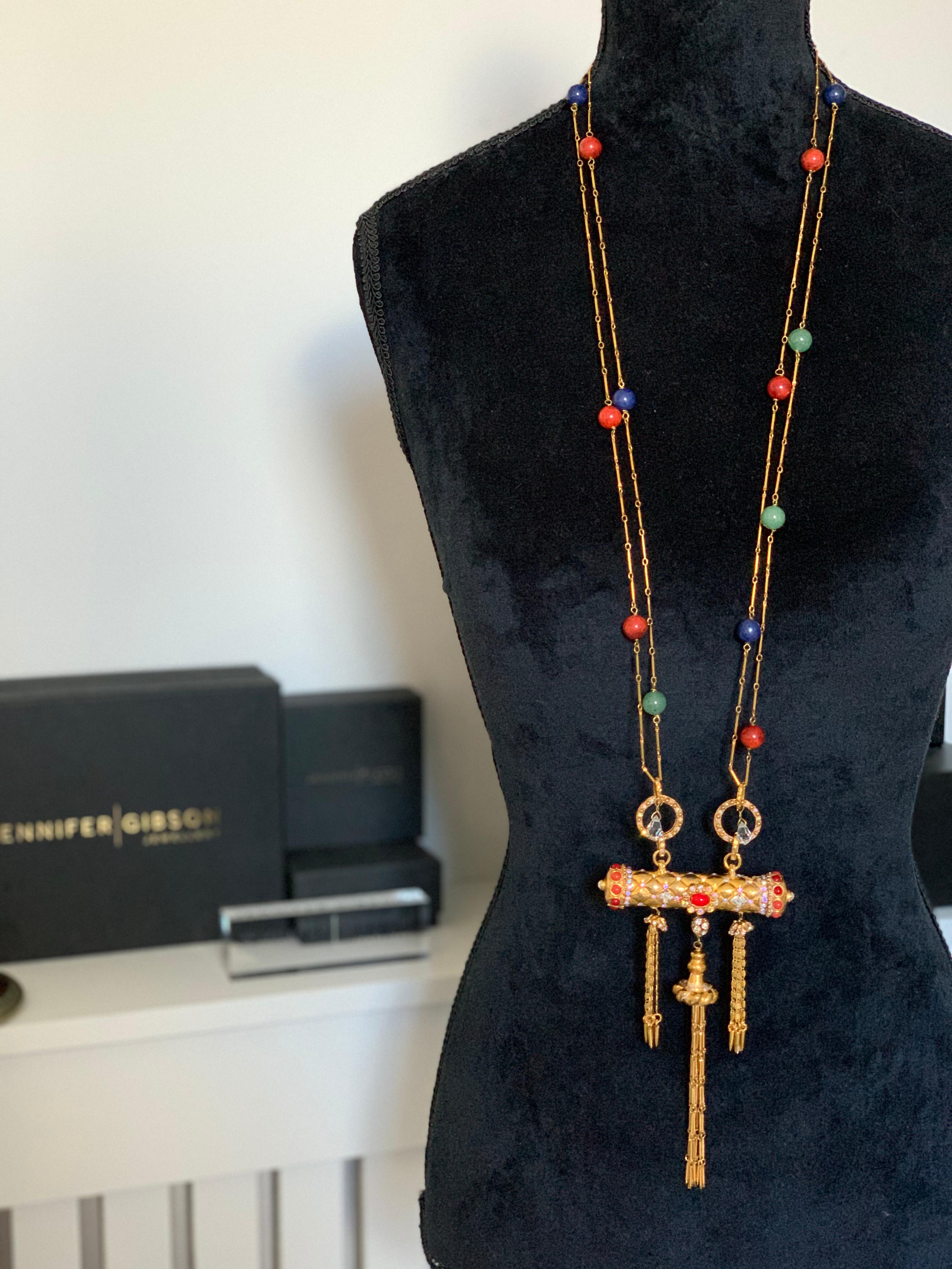 An exceptional Vintage Christian Lacroix Necklace. Featuring gold plated fin bar link chains set with semi precious stone balls leading to the most intensely elaborate statement bar and tassel pendant. The pendant comprises a weighty matelasse